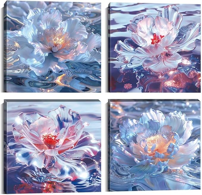 Pankila Abstract Canvas Flowers Wall Art Floral Poster White Red Flower Wall Decor Life Pictures for Living Room Bedroom Bathroom Home Decorations Framed Artwork Ready to Hang (12''W x 12''H x 4)