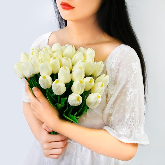 36 PCS Tulips Artificial Flowers 13" PU Fake Flowers for Wedding Home Decor(Off White)