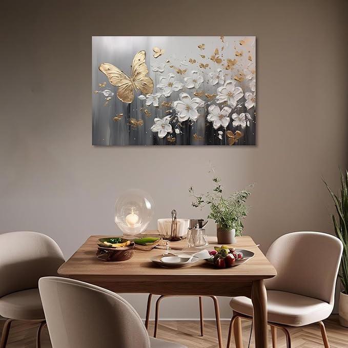 KPLUNDO Glod Butterfly Wall Art White Flower Canvas Prints Wall Decor Gray Poster Landscape Picture Modern Artwork Home Decor for Office Living Room Bedroom Bathroom Decoration(Art-1,28.00x42.00 inch)