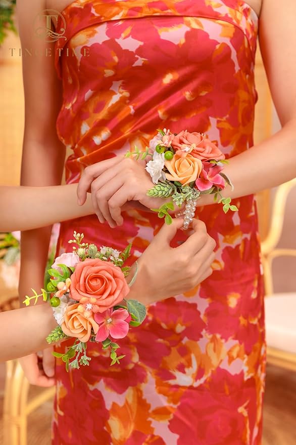 TINGE TIME Set of 2 Wrist Corsage Bracelets Pearl Wristlet Band Bridesmaid Bracelet for Wedding Ceremony Bridal Shower Wedding Artificial Flower Prom (Tropical)
