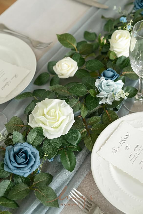 Ling's Moment 5FT Dusty Blue Artificial Flower Garland Rose Leaves Floral Garland Arch Flowers Vine Table Centerpieces Decoration