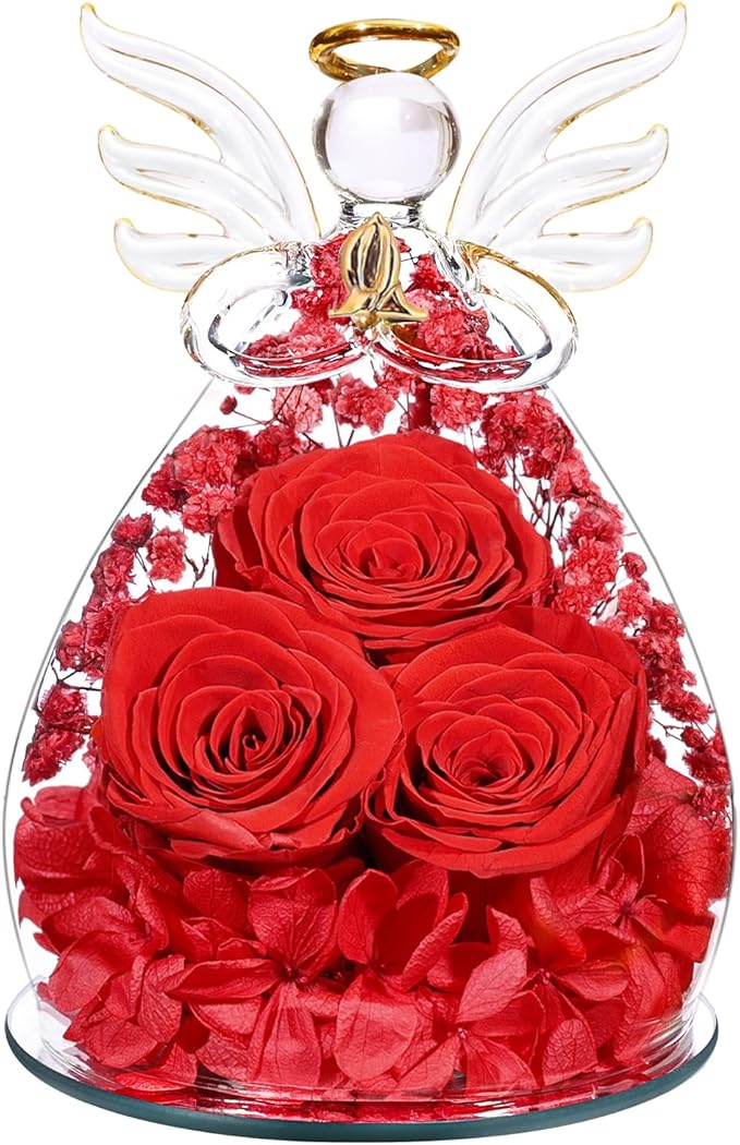 Beferr Christmas Birthday Gifts for Women, Mom Gifts for Christmas Fresh Flowers for Delivery Prime Forever Preserved Rose in Glass Angel Figurine Xmas Gifts for Grandma Wife Sister Her, Red