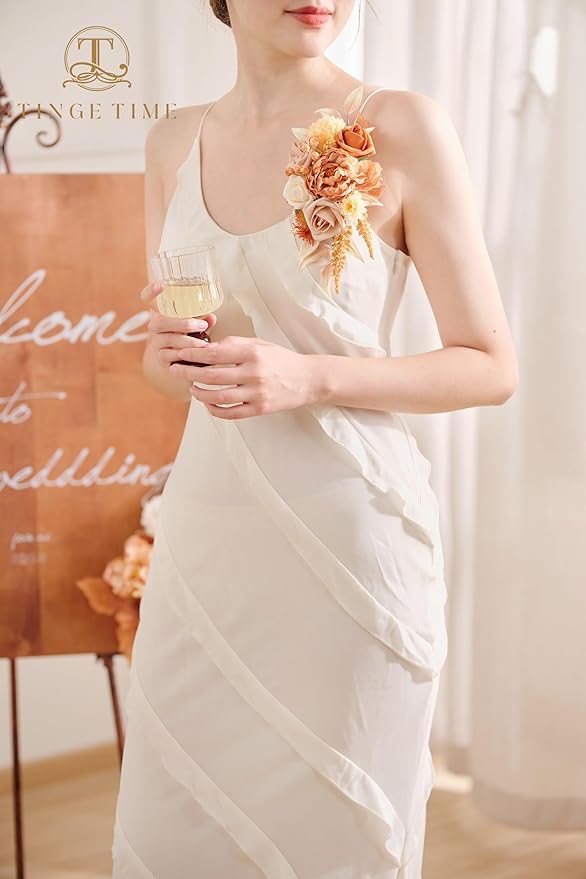 TINGE TIME 2pcs Wedding Shoulder Corsages Artificial Flowers Terracotta Cream, Mother of The Bride/Groom Corsage for Fall Wedding, Homecoming, Prom, Anniversary & Formal Dinner Party