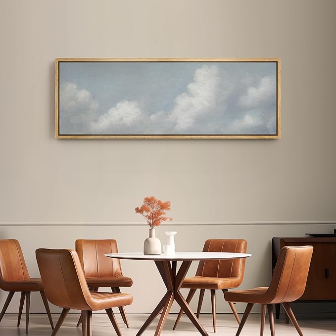 SIGNFORD Large Framed Canvas Print Wall Art Blue Sky with Fluffy Clouds Tranquil Minimal Sky Scene Illustrations Modern Art Relax/Calm Warm for Living Room, Bedroom, Office - 60"x20"