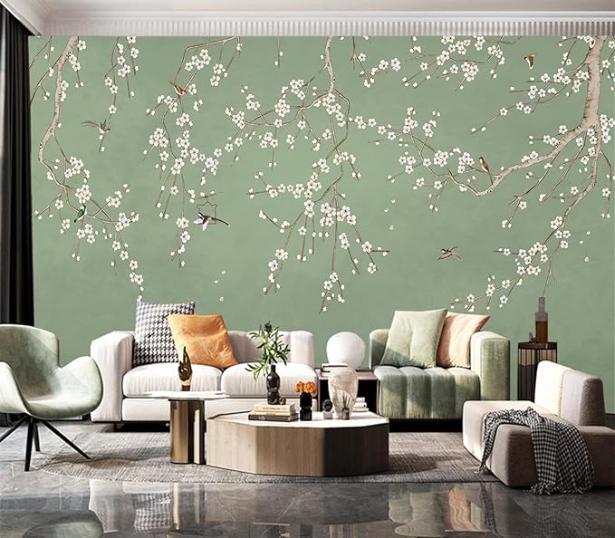 Cliouar-Decor Beautiful Wallpaper Birds and Flower Green Background Peel and Stick 160" x 114"