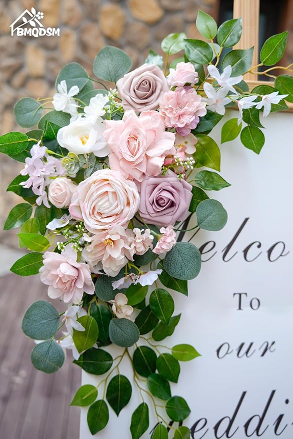 Faux Flowers Wedding Welcome Signs Floral(Pack of 2)，Wedding Arch Flowers for Decorations and Reception Backdrop Decoration (Pink)