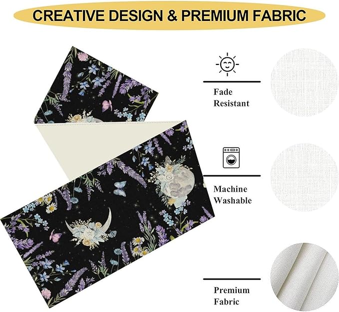 Boho Floral Table Runner, Spring Gothic Moon Phase Wildflower Mystical Witchy Farmhouse Coffee Table Center Decor for Home Kitchen Dining Patio Holiday Party Table Decorations 13x90 inches