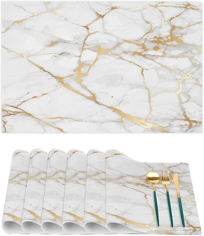 PVC Placemats Set of 1 White Gold Marble Wipeable Table Mats Washable Heat Resistant Non Slip Vinyl Dining Table Mat for Kithen Indoor Outdoor Patio Farmhouse Place Mats Decorative