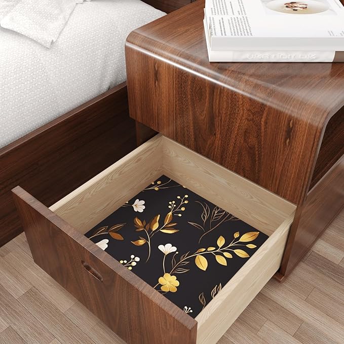 Black Floral Wallpaper Peel and Stick, Dark Gold Vintage Flower Contact Paper, Golden/White Botanical Wall Paper Self Adhesive Waterproof Removable for Room Cabinet Drawer Table Decor 17.5" x 118"