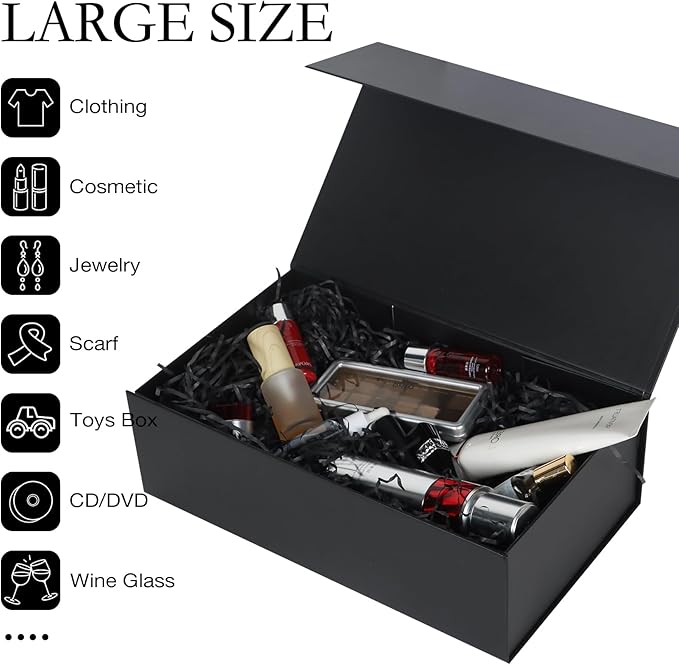 Black Gift Box with Magnetic Lids 13.8x8.3x4.4 in, Large Bridesmaid Groomsman Proposal Boxes 1 Pack, Collapsible Rectangle Storage Box
