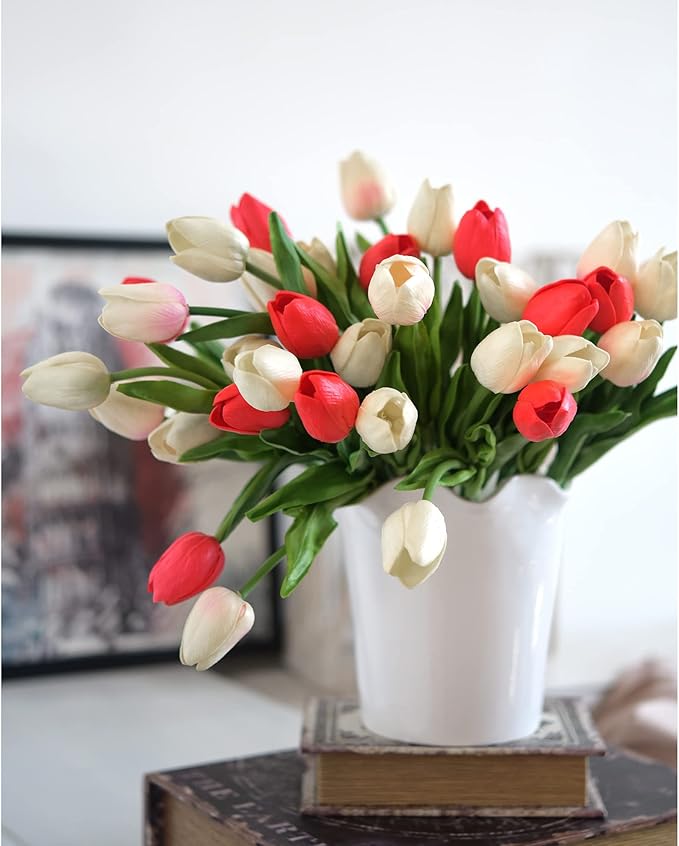 FiveSeasonStuff Real Touch Tulips Artificial Flowers – 15 Stems Faux Tulip Bouquet in Gift Box for Wedding, Home Decor, Party, Floral Arrangements (Scarlett Red)