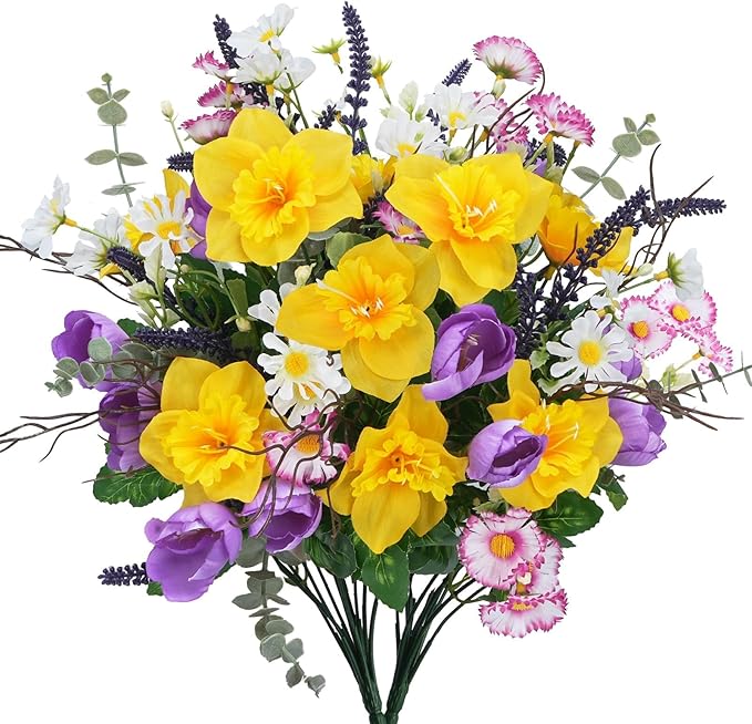 Fake Flowers Outdoor 15.7" Summer Artificial Wildflowers Bouquet Mixed Bush Faux Silk Flowers for Home Planter Porch Garden Cemetery Table Centerpieces Indoor Décor (Daffodils Tulips Daisies)