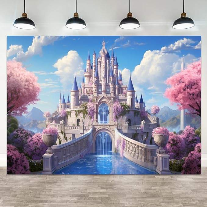 10x6.5ft Princess Castle Backdrop Pink Floral Blue Sky Photography Background White Cloud Forest Mountain Girls Birthday Baby Shower Banner Decorations Wedding Party Portrait Photo Booth Prop