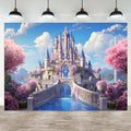 12x10ft Princess Castle Backdrop Pink Floral Blue Sky Photography Background White Cloud Forest Mountain Girls Birthday Baby Shower Banner Decorations Wedding Party Portrait Photo Booth Prop