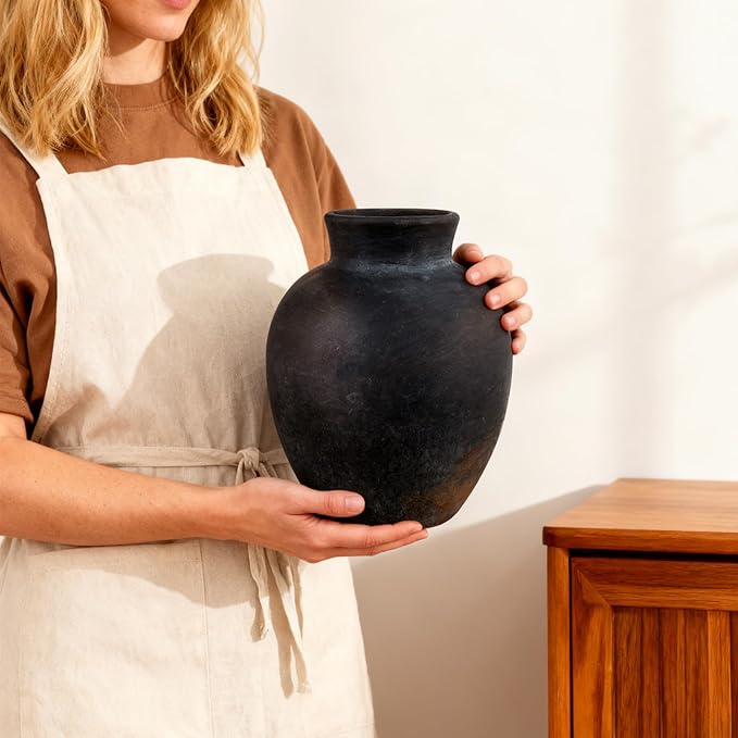 Ceramic Flower Vase, 6 Inch Decorative Rustic Vase Farmhouse Boho Vase for Centerpieces,Terracotta Vases for Home Decor, Living Room,Shelf,Wedding,Black