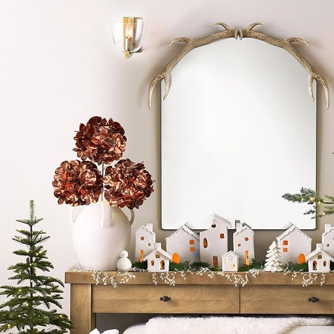 Hollyone 3Pcs Christmas Flowers Brown Christmas Ornaments Artificial Hydrangea Flowers 26inch Fake Hydrangea Flower Floral Arrangements Bouquets Xmas Faux Hydrangeas Stems Party Christmas Home Decor