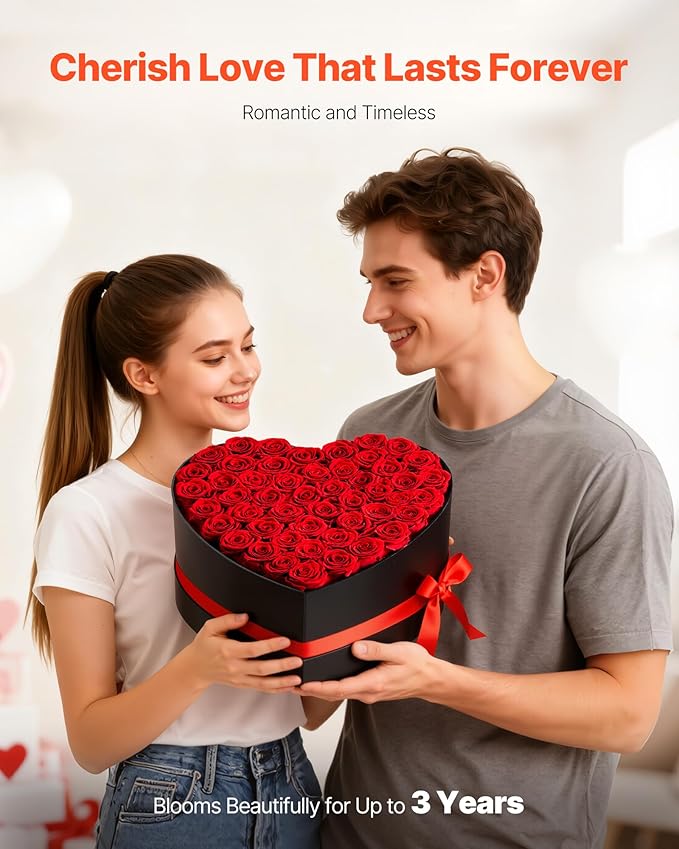 VEVOR Forever Flowers, 50 Preserved Roses in a Heart Shape Box, Eternal Flowers Immortal Bouquet Birthday Present for Delivery Prime Women Her Wife Mothers, Anniversary, Valentine's Day,Christmas, Red