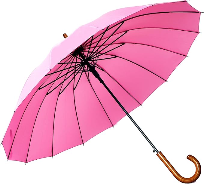 SoulRain 16 Ribs 48" Stick Umbrella Auto Open Solid Color Fashionable and Simple，Arc Classic Wood Handle，Windproof Unbreakable Stick Rain Umbrella
