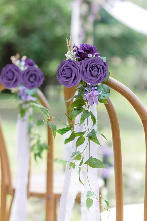 Purple Roses 50PCS Artificial Foam Flowers with Stems Fake Roses Real Looking Purple Flowers for Bridal Shower Centerpieces Wedding Bouquet Table Decorations for Party (Purple)