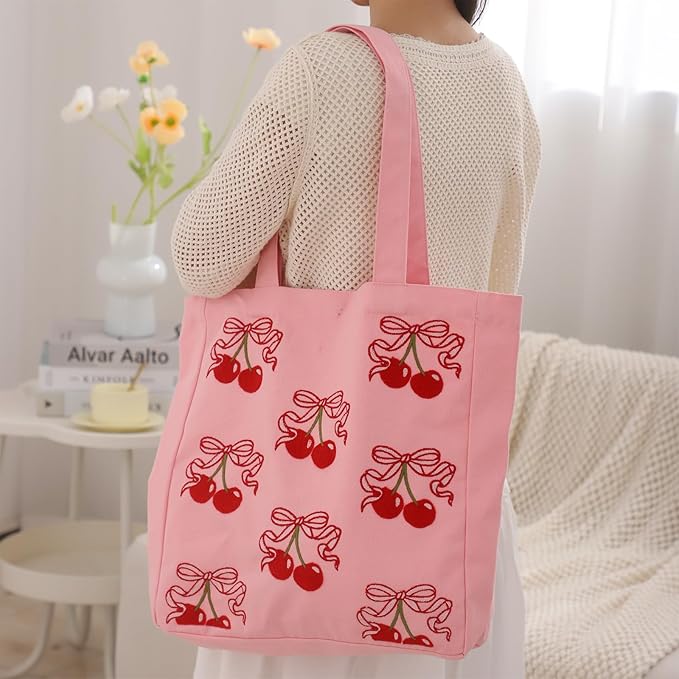 Aesthetic Embroidery Tote Bag for Lady Cute Reusable Canvas Shoulder Bag for Girls Women Shopping Grocery