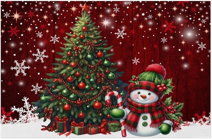 Xmas Christmas Tree Snowman Red Placemats Set of 1 PVC Vinyl Non Slip Table Mats Heat Resistant Place Mats Washable Wipeable Dining Table Mat for Kitchen Decor Party Indoor Outdoor Decorative Gift
