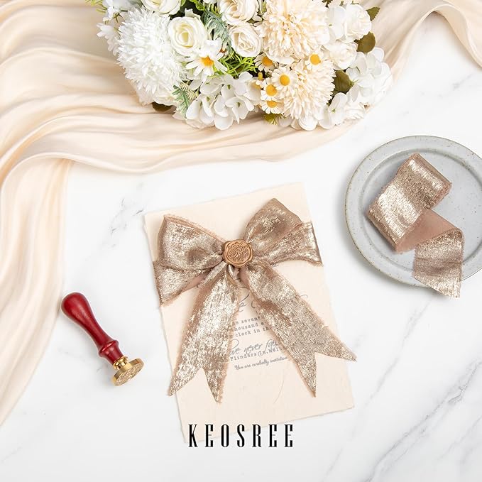 Light Brown Silk Chiffon Ribbon,Frayed Shimmery Silk Ribbon for Bridal Flower Bouquet Christmas Gift Wrapping Wedding Decor Invitations Decorations 1.5" x 15 Yards (5Yards X 3 Rolls)