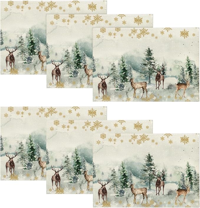 Artoid Mode Watercolor Deer Trees Snowflakes Christmas Placemats for Dining Table, 12 x 18 Inch Seasonal Winter Xmas Holiday Rustic Vintage Thanksgiving Washable Table Mats Set of 6
