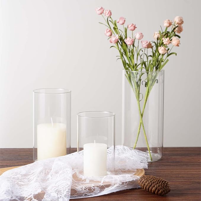 Hurricane Glass Candle Holder Clear Cylinder Vases, Pillar Candle Holders For Floating Candles Table Centerpiece Modern Glass Vases For Weeding Centerpieces Decoration Party Home Decor (3 Sets, S+M+L)