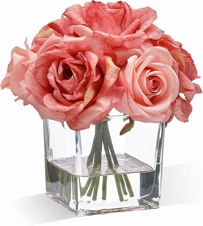 WELL KNOWN Rose Artificial Flowers in Vase with Faux Water, Silk Rose Table Centerpieces for Home Coffee Table Decor, Bean Pasty Pink Fake Rose Flower Arrangement for Wedding Office Hotel & Mom's Gift