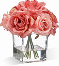 WELL KNOWN Rose Artificial Flowers in Vase with Faux Water, Silk Rose Table Centerpieces for Home Coffee Table Decor, Bean Pasty Pink Fake Rose Flower Arrangement for Wedding Office Hotel & Mom's Gift