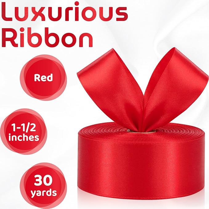 30 Yards Red Ribbon 1-1/2 Inch Red Satin Ribbon for Gift Wrapping, Eternal Flower Making, Bouquet Wrapping, Christmas Decorations, Wedding, Valentine's Day, Chair Sash, Crafts & Sewing