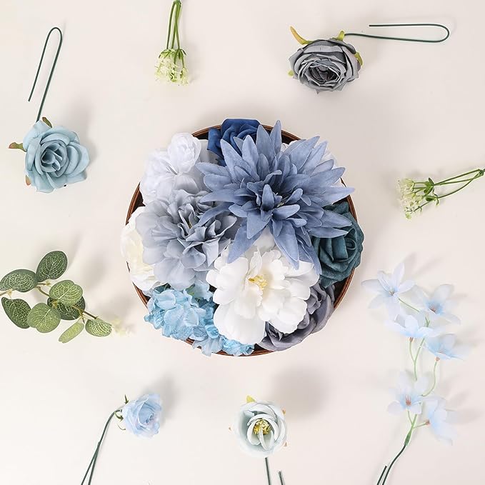 Artificial Flowers Combo Box Blue Dusty Blue Artificial Flowers for DIY Tables Centerpieces Baby Shower Bridal Shower Wedding Bouquet Arrangements Decor
