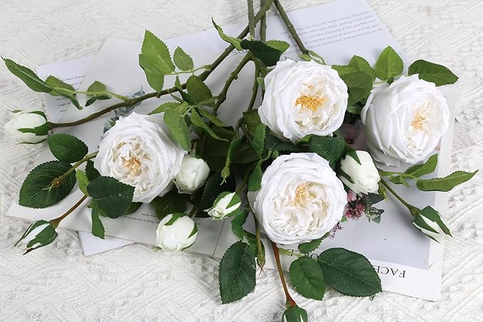 Real Touch White Austin Roses Peonies Artificial Flowers 4 Bouquets Latex Fake Peonies with Long Stem Realistic Faux Peony for Wedding Party Home Table Centerpieces Decorations (White)