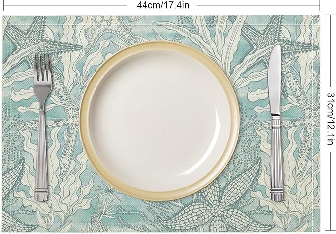Nautical Placemats Beach Ocean Starfish Seashell Coral Art Printed Dining Table Mats Set of 4 for Restaurant Home Kitchen Holiday Picnic Party Decor 12x18in