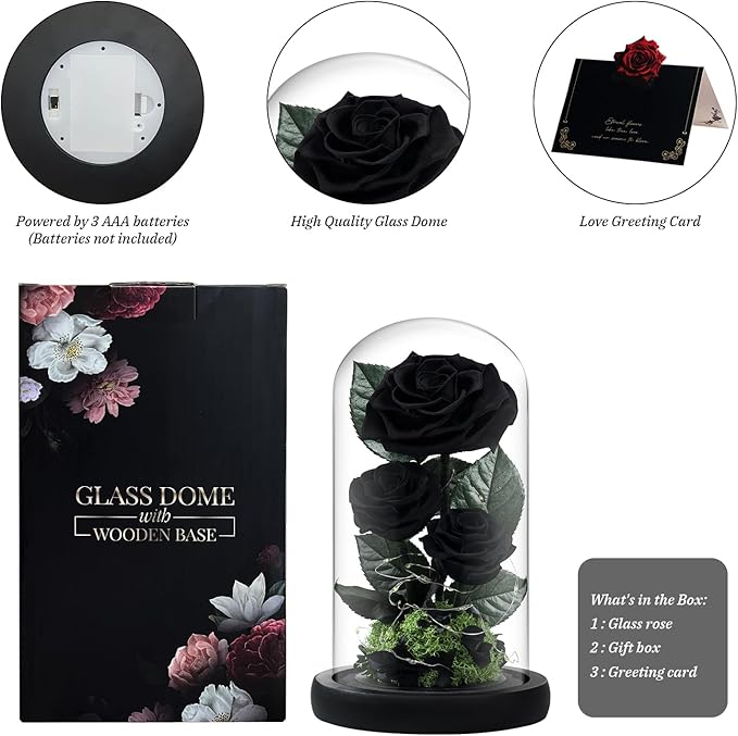 3 Preserved Flowers Roses in Glass Dome with Light for Beauty and The Beast Decor Real Rosas Eternas for Women Mom Birthday,Forever Black Roses for Delivery, Christmas for Wife Girlfriend Her