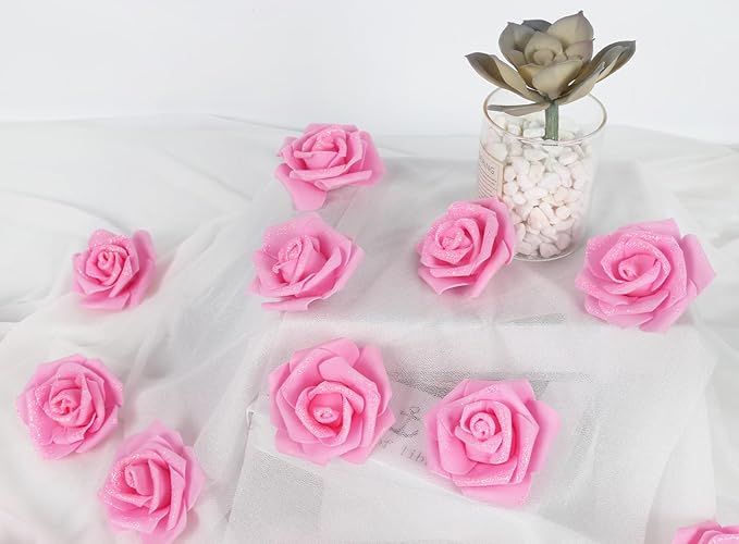 Pink Glitter Roses 100pcs Foam Roses Stemless 2.56" Pink Artificial Roses Glitter Flowers Real Looking Pink Fake Roses for Bridal Shower Decor Flower Wall Wedding Centerpieces (Pink)