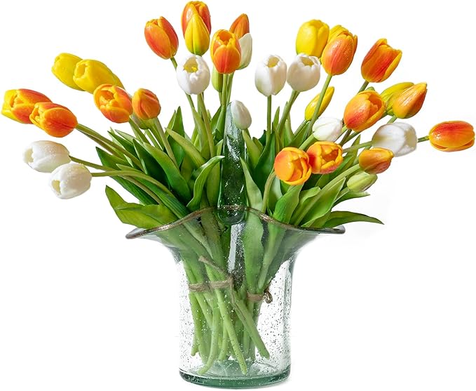 15pcs Artificial Tulips Flowers, Real Touch Latex Bouquet, Fake Tulips for Office Wedding Party Home Kitchen Garden Decoration-B Orange
