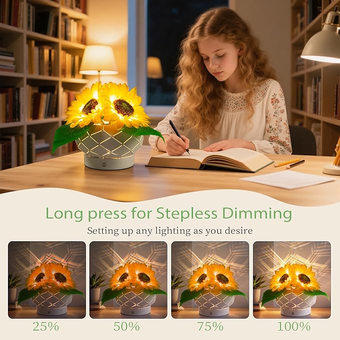 Cordless Sunflowers Table Lamp, Dimmable LED Touch Beside Lamp with Rechargeable Battery Operated, Small Night Light Lamps for Room Home Decor, Birthday Gift for Women Mom