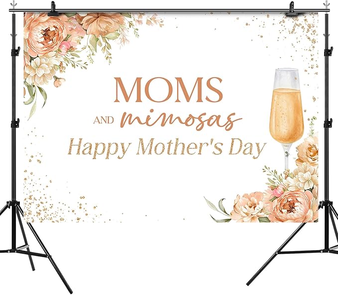 Happy Mother's Day Backdrop Moms and Mimosas Champagne Glass Blush Pink Floral Photography Background Mother's Day Brunch Party Decoration Supplies Banner Photo Booth Studio Props 7x5ft