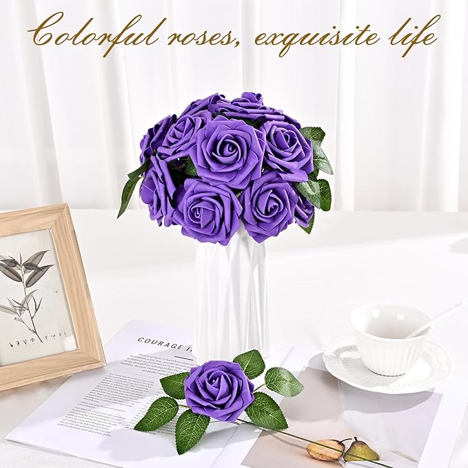 BLEUM CADE 16Pcs Artificial Flowers Fake Roses with Stems, Deep Purple Boxed Foam Roses for DIY Bouquets Centerpieces Wedding Party Arrangement Bridal Shower Decor