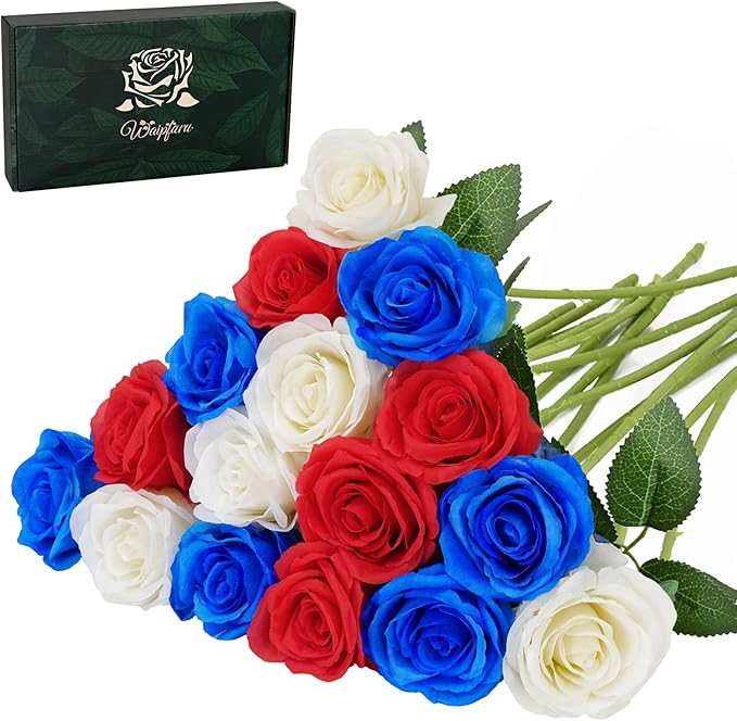 Waipfaru 16 Pcs Memorial Day Flowers for Cemetery Grave, Red White and Blue Flowers, Fake Roses Artificial Flowers 4th of July Independence Day Patriotic Decor