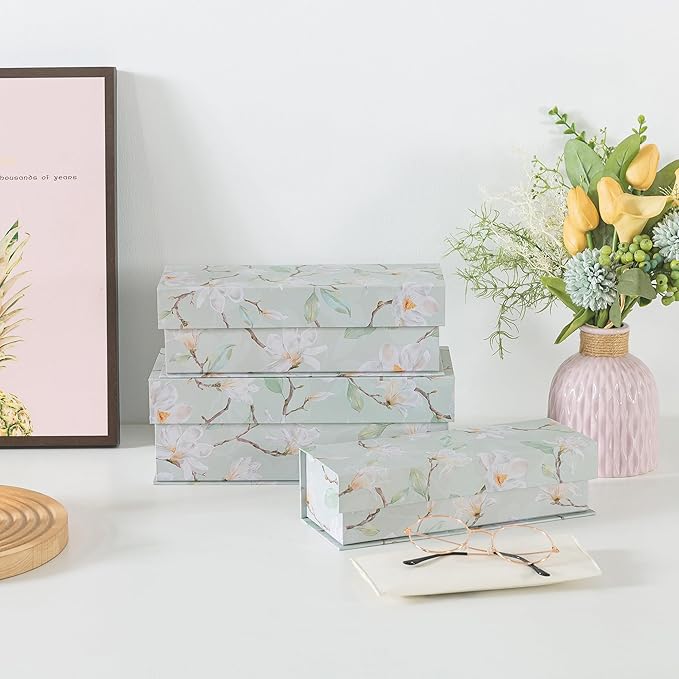 Soul & Lane Decorative Storage Boxes with Lids, Set of 3 Cardboard Boxes for Home Décor and Documents, Memory Organizers for Keepsakes with Magnetic Closure, Photo Storage, Ethereal Blossom