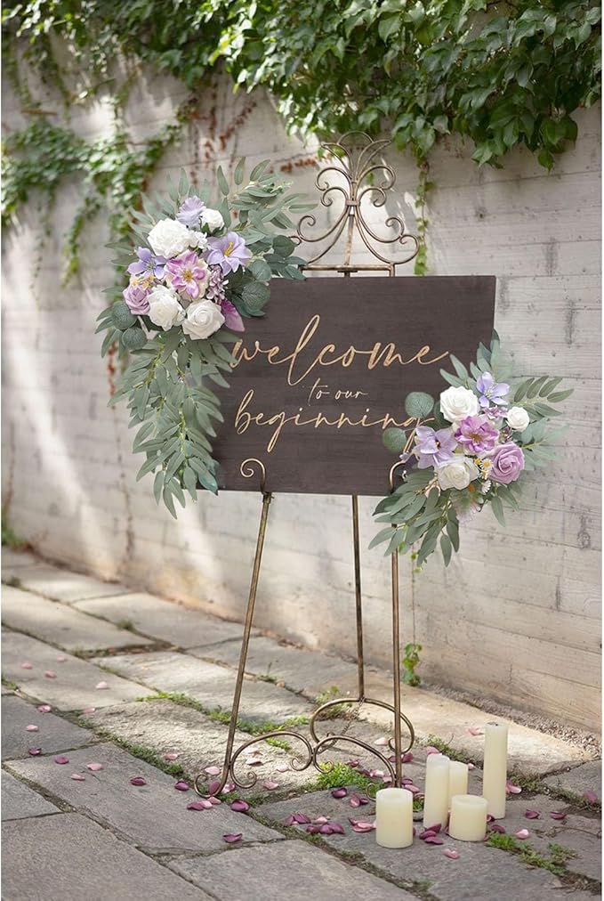 Faux Flower Swag Set of 2, Purple Artificial Flowers Swags for Wedding Arch, Wedding Welcome Signs, Welcome Reception Ceremony Signs Decorations