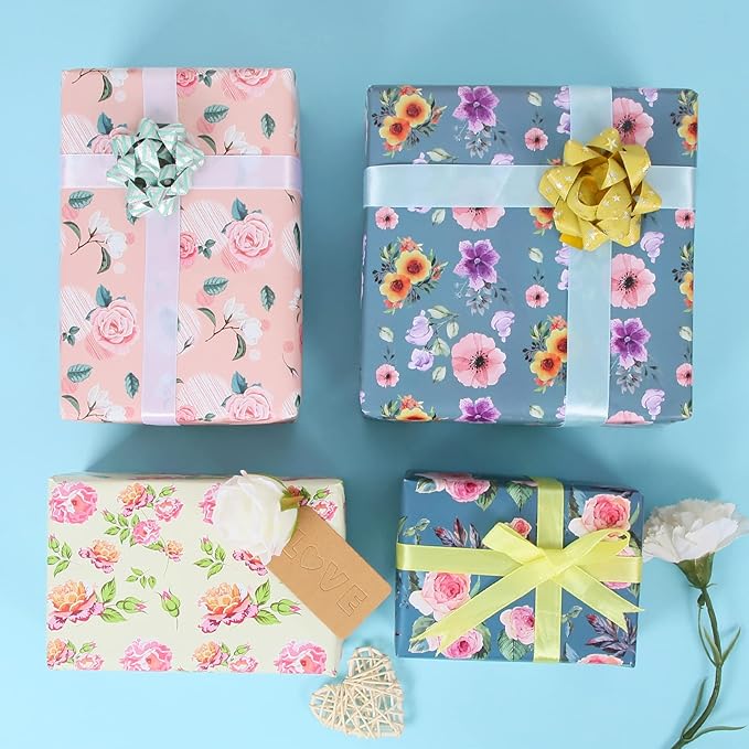 Aimyoo Ivory Floral Wrapping Paper Roll 17 in x 10 ft, Vintage Rose Flower Gift Wrap for Wedding Bridal Shower Women Birthday