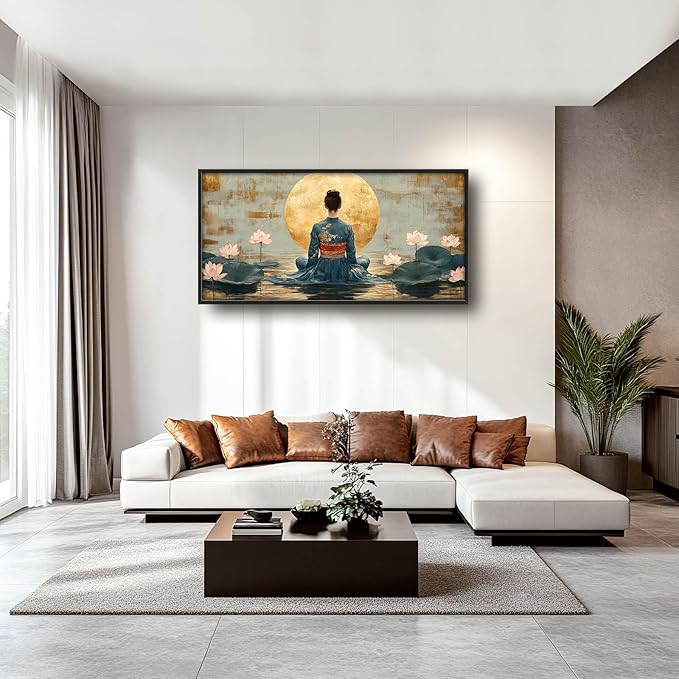 Japanese Woman Large Wall Art Lotus Moon Pictures Wall Decor Nature Canvas Landscape Print Painting Modern Artwork Home Decoration for Living Room Bathroom Bedroom Office Framed 60"x30"