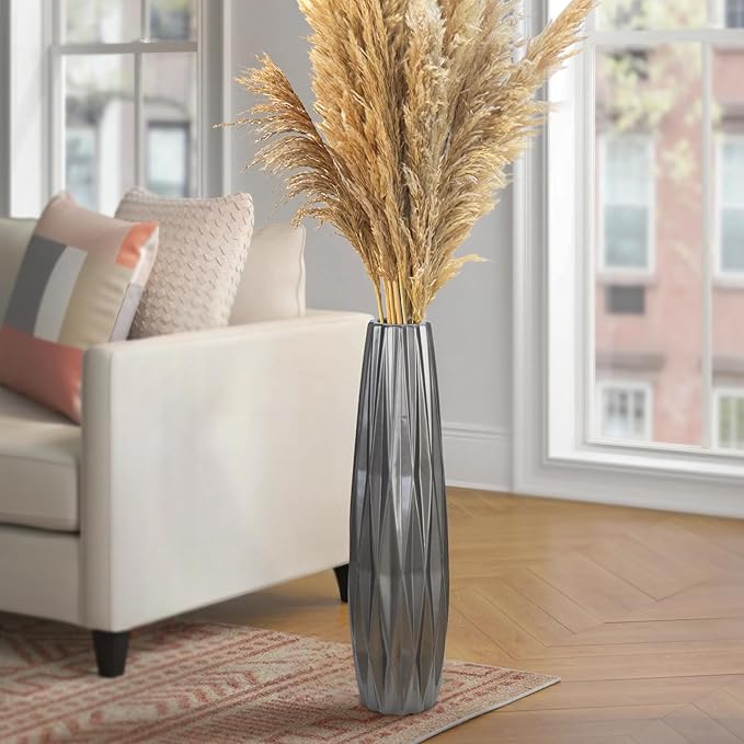 Silvery Ceramic Tall Floor Vase,24 Inch Large Modern Flower Vases for Home Décor,Wicker Big Floor Vases Decorations for Farmhouse, Living Room,Bedroom,Standing Plastic Vase Decorative Tall