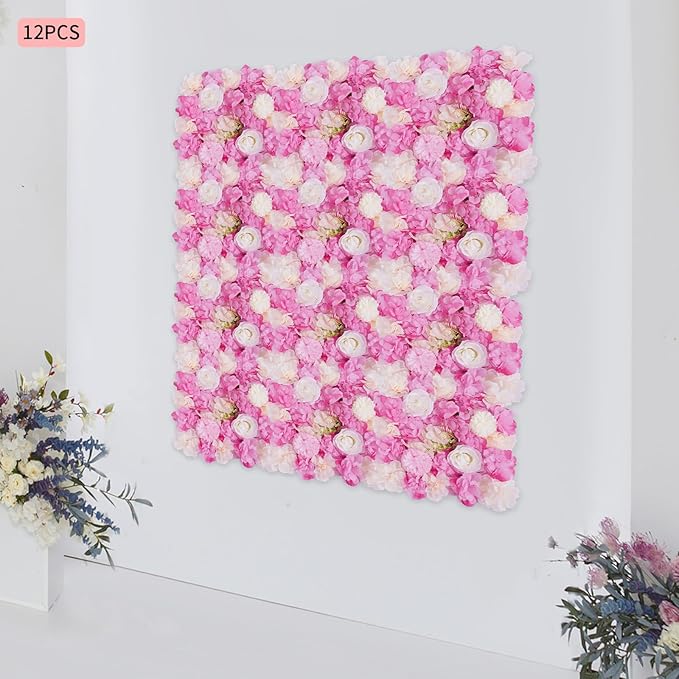 12 Pcs White Flower Wall Flowers Backdrop Artificial Flower for Backdrop Flowers Decoration 3D Floral Panels for Wall Decor Home Party Wedding Room Decoration (38x38cm/Deep Pink+White)