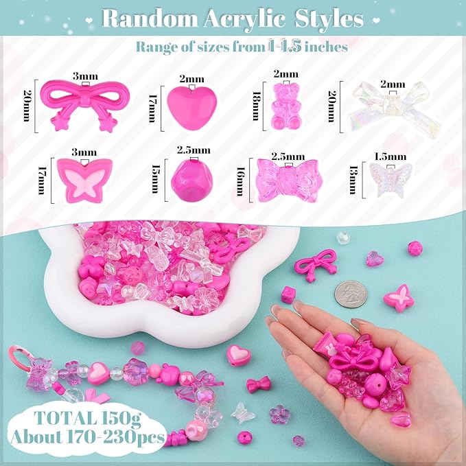 Assorted 200-260PCS Rose Pink Acrylic Beads for Bracelet Making, Flower Bow GummyBear Bracelet Charms,Cute Beads for Jewelry Making DIY Necklace Keychain Phone Charm Christmas Gift