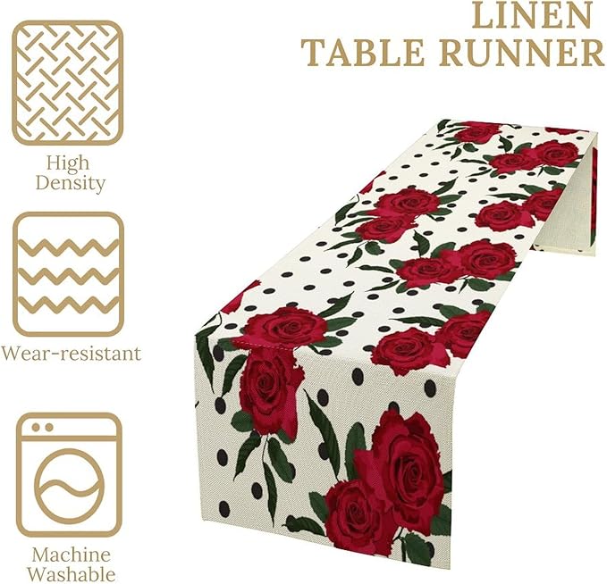 Red Rose Print Table Runner, Romantic Valentines Vintage Rose Spring Summer Dinner Runner Table Decoration for Home Kitchen Dining Holiday Wedding Party 13x70in