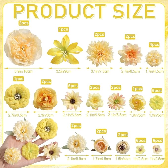 Artificial Flower Heads Combo - 48pcs Yellow Silk Flowers Bulk Faux Rose for Wedding Decor, Bridal Bouquets, Graduation Parties, Cake Toppers & Home DIY Crafts